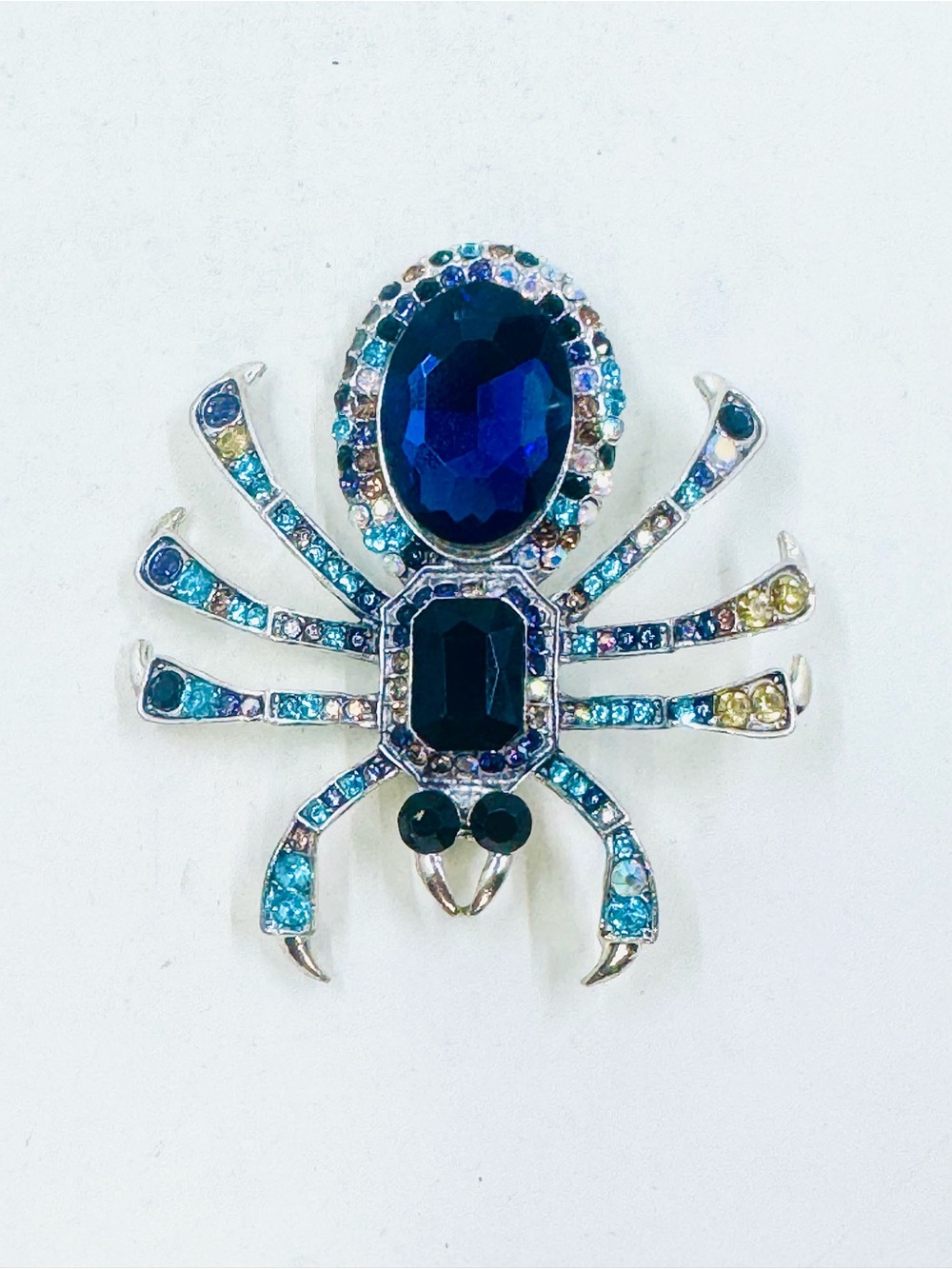 Silver Tone & Multi Blue Rhinestone Large Spider Brooch 3” X 2.75”